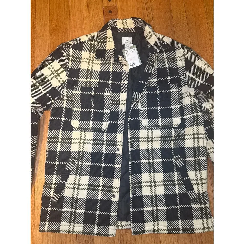 NEW H&M Oversized Flannel Overshirt Womens Sz Small Plaid Shacket Button Front
